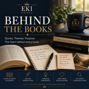 Behind the Books category image for EKI Books featuring books, writing notes, Scripture, and author insights