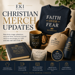 Christian Merch Updates category image for EKI Books featuring faith-based shirts, mugs, hats, journals, and book-inspired merchandise