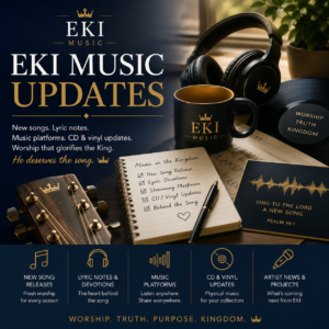 EKI Music Updates category image featuring headphones, vinyl record, notebook, guitar, and worship music release notes